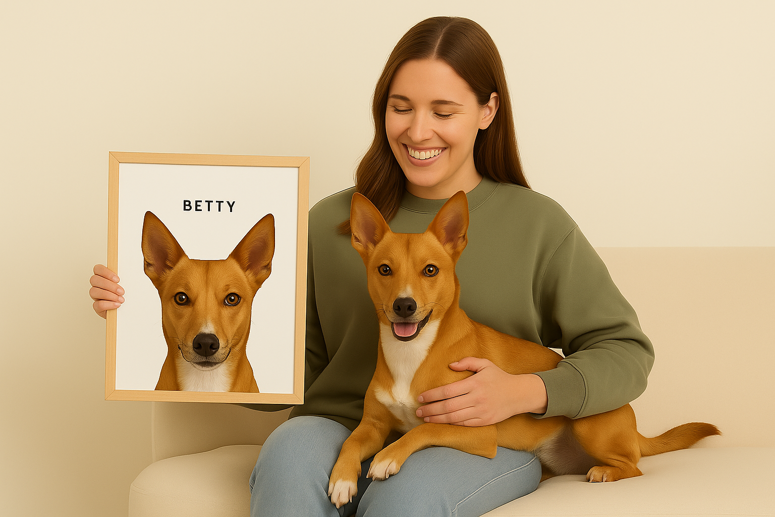 Woman with dog and framed pet portrait – Pawhaus